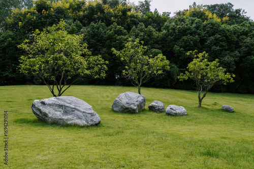 Summer Park View with Green Lawn, Large Rocks, and Trees – Serene Landscape with Distant Foliage
