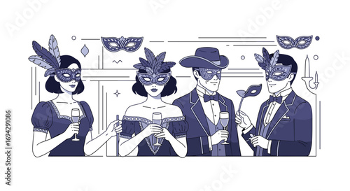 People in formal wear and masks at a masquerade party scene