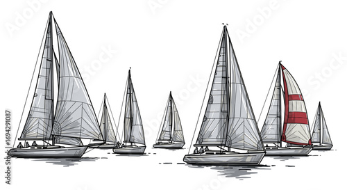 Illustration of several sailboats sailing on the open water