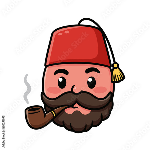 Cartoon man wearing fez and smoking pipe with a friendly expression  