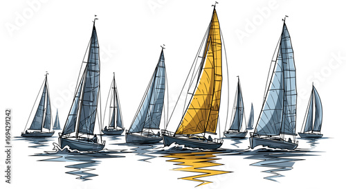A fleet of sailboats sailing on the water with reflections