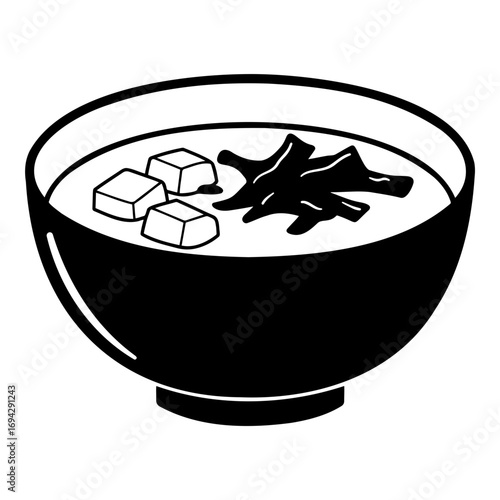 Miso Soup bowl with tofu cubes and seaweed in black silhouette  
