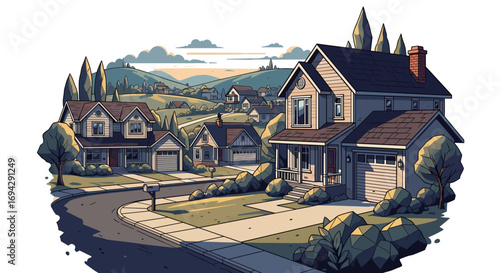 Illustration of a suburban neighborhood with houses and trees