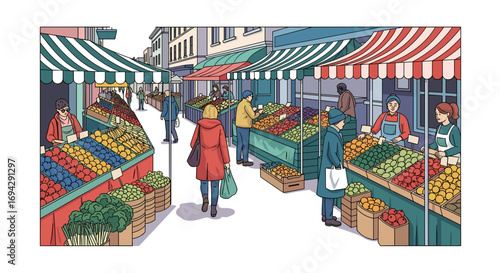 People shopping at an outdoor fruit and vegetable market stalls