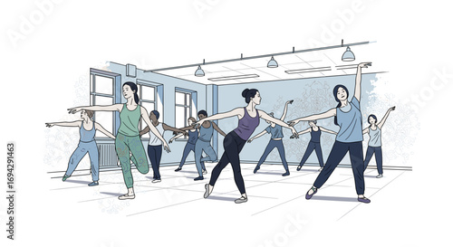 A group of women are at a ballet class in a dance studio