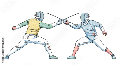 Two fencers in protective gear engage in a fencing match duel