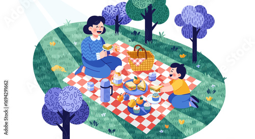 A mother and child enjoying a picnic on a checkered blanket