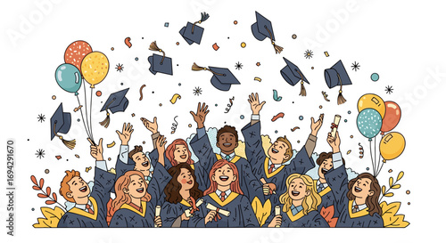 Group of graduates throwing graduation caps in the air joyfully