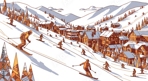 Skiers descend snowy slopes near alpine village in winter day