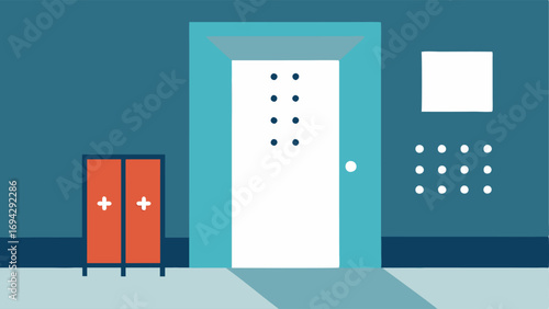 Braille Signage An illustration displaying a buildings interior with a clear braille sign beside a door directing individuals to restrooms and elevators.