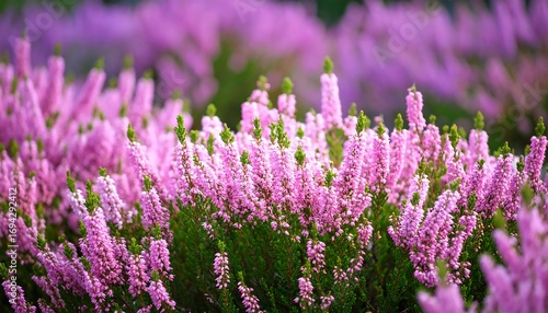 Floral tapestry of vibrant pink heather blossoms in nature setting