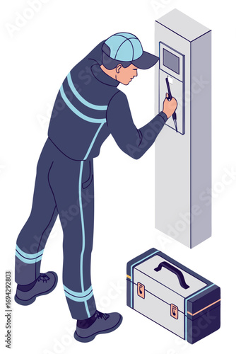 Water heater repair and installation illustrated in isometric isolated style with professional home service technician.