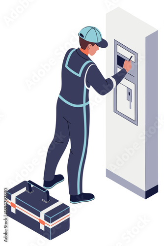 Household maintenance concept showing isometric technician working on water heater installation and repair, vector illustration.
