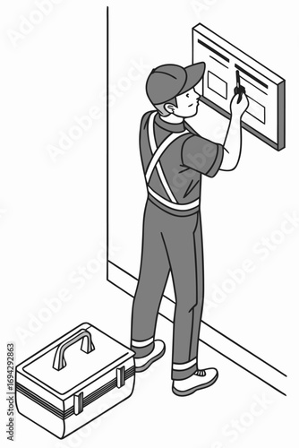 Home service scene showing isometric water heater technician performing maintenance and installation work, isolated vector design.