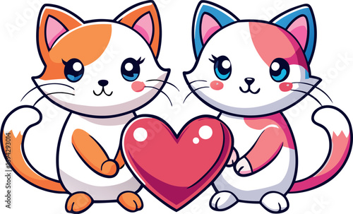 Adorable Cute Cartoon Couple Cats Holding a Big Red Heart Symbol of Love