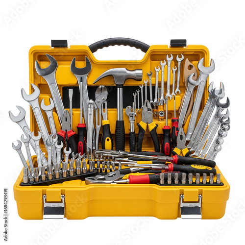 Open yellow toolbox filled with various tools isolated on transparent background
