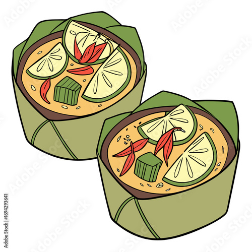 Amok Trey Vector – Cambodian Steamed Fish Curry in Banana Leaf Cups. Perfect for: Borneo / Sabah cultural features, indigenous food projects, ethnobotany articles, niche food collections
