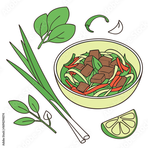 Cha Kroeung Vector – Cambodian Stir-Fried Beef with Lemongrass Paste and Herbs. Perfect for: Khmer recipe collections, Southeast Asian stir-fry showcases, herb-forward cuisine features