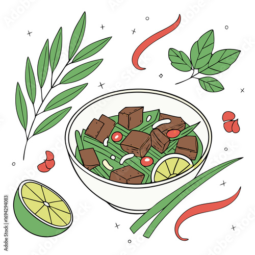 Cha Kroeung Vector – Cambodian Stir-Fried Beef with Lemongrass Paste and Herbs. Perfect for: Khmer recipe collections, Southeast Asian stir-fry showcases, herb-forward cuisine features