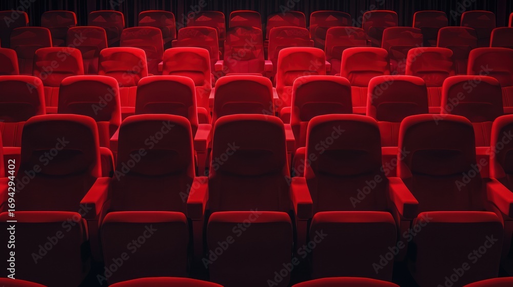 Fototapeta premium Red Theater Chairs in Auditorium with Dim Lighting and Empty Rows