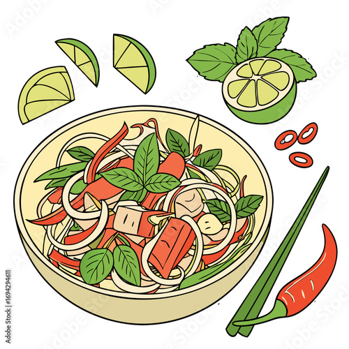 Laap Pa Vector – Lao Minced Fish Salad with Herbs and Roasted Rice Powder. Perfect for: Sabah / Malaysian culinary promos, regional travel blogs, indigenous food education, seafood festival graphics, 