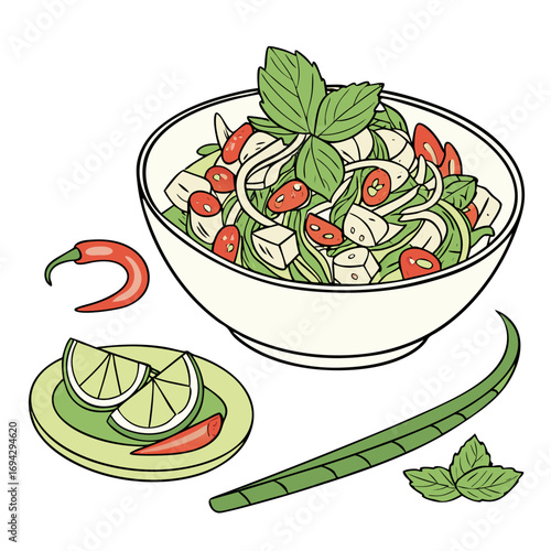 Laap Pa Vector – Lao Minced Fish Salad with Herbs and Roasted Rice Powder. Perfect for: Sabah / Malaysian culinary promos, regional travel blogs, indigenous food education, seafood festival graphics, 