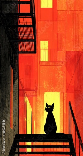 A black cat sits on a city alleyway stairs, bathed in warm, fiery light