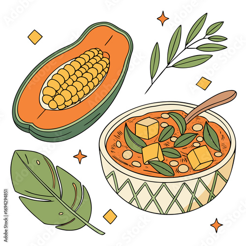 Tinutuan Vector Illustration – North Sulawesi Indonesian Porridge with Vegetables. Perfect for: Indonesian regional food showcases, healthy comfort food collections, vegetarian/vegan menus, travel foo
