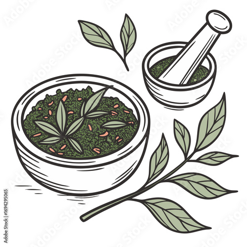Pangi Stew Vector – Traditional Sabahan Rare Leaf Stew with Herbal Flavor. Perfect for: Sabah gastronomy features, indigenous cuisine spotlights, foraging & heritage food content, niche recipe collect