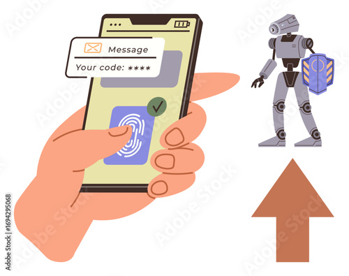 Smartphone with fingerprint scan and security code message, alongside a robot holding a shield and an upward arrow. Ideal for cybersecurity, technology, AI, safety, verification, innovation, progress