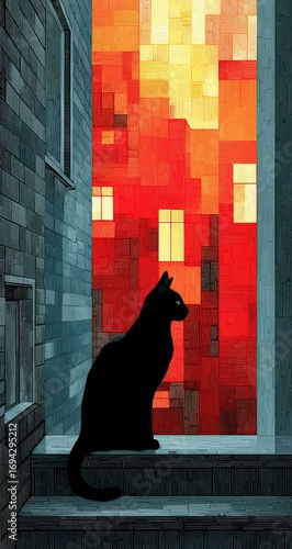 Black cat silhouette in urban alleyway, pixelated cityscape