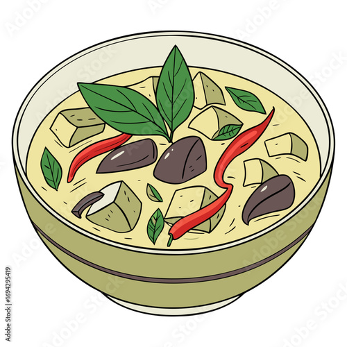 Thai Green Curry Vector Illustration. Perfect for: Thai cuisine, Asian restaurant menus, culinary promotions