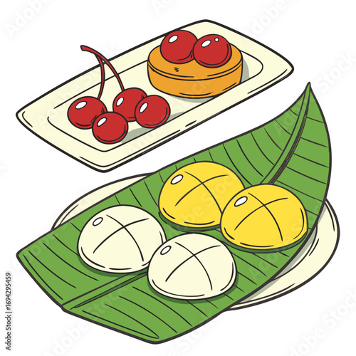 Thai Luk Chup Fruit-Shaped Dessert Vector Illustration. Perfect for: Thai sweets packaging, cultural food graphics, exotic dessert designs