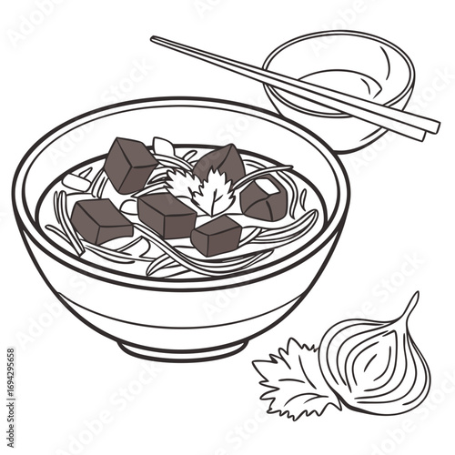 Tiết Canh Vector – Traditional Vietnamese Blood Pudding with Duck and Herbs. Perfect for: Vietnamese culinary history pieces, cultural anthropology features, rare-dish collections, museum/ethnography