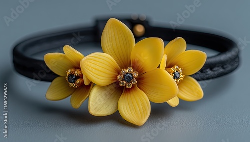 Black leather bracelet with yellow flower embellishments