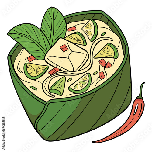 Cambodian Fish Amok Curry Vector Illustration. Perfect for: cultural food festivals, Cambodian restaurants, educational cookbooks, food tourism, travel blogs