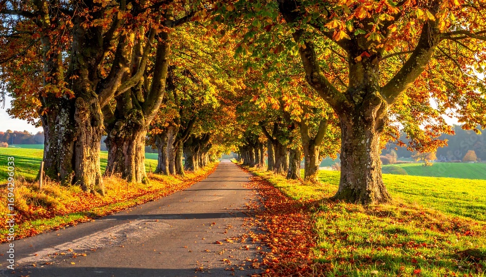 Naklejka premium Autumnal tree-lined road