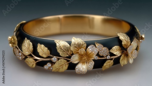 Gold bangle, black enamel, floral design, diamonds