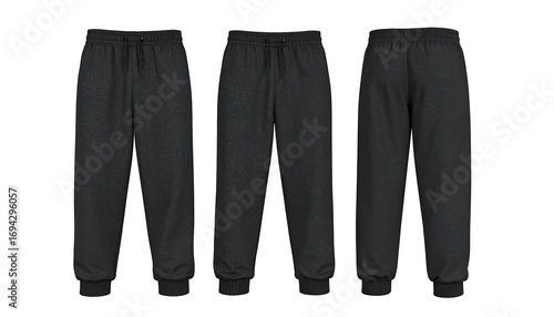 Display of black sweatpants in various angles against a white background