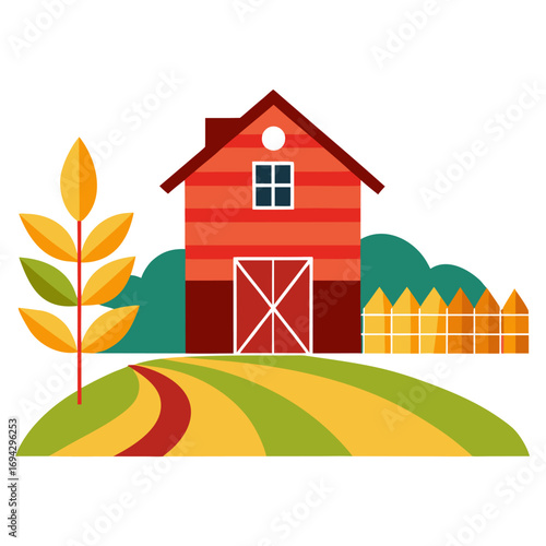 Colorful barn in a harvest field agricultural scene