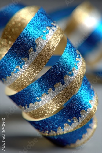 Close-up of a coiled ribbon.  Blue and gold, textured