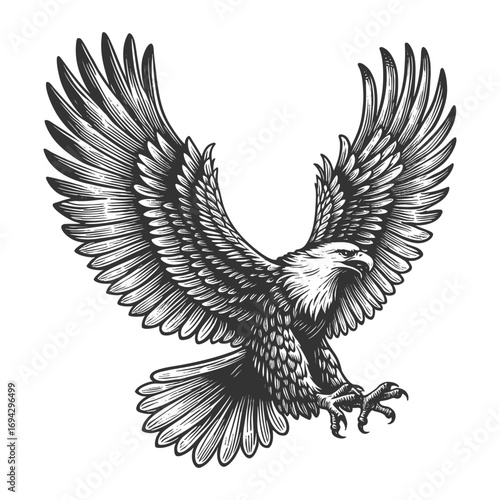 powerful eagle with wings fully spread and talons extended, symbolizing freedom and strength sketch engraving generative ai vector illustration. Scratch board imitation. Black and white image.