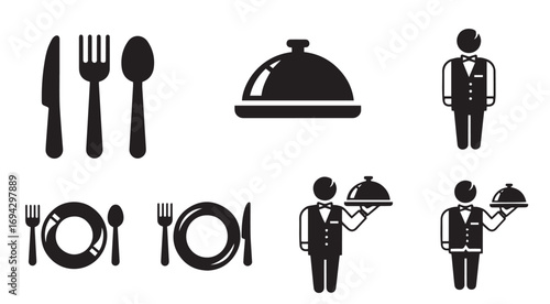 Restaurant Service Icons – Vector Silhouettes of Cutlery, Plates, Waiters, and Food Covers for Dining, Hospitality, and Menu Designs