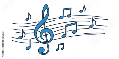 Blue clef music notes key musical border illustration divider clipart, vector stock illustration.