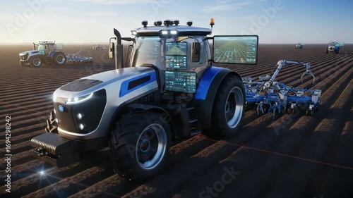 Autonomous smart tractor with AI, futuristic farming technology, precision planting, digital dashboard, automated agriculture machinery, preparing soil, modern fieldwork, innovative agriculture