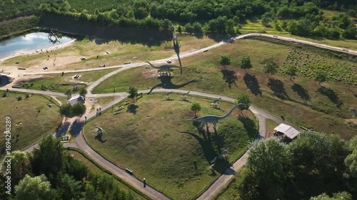 Aerial drone view of Tier-, Freizeit- und Saurierpark Germendorf, popular amusement and wildlife park in Oranienburg, Brandenburg, Germany, family attraction and leisure destination. 15 September 2024