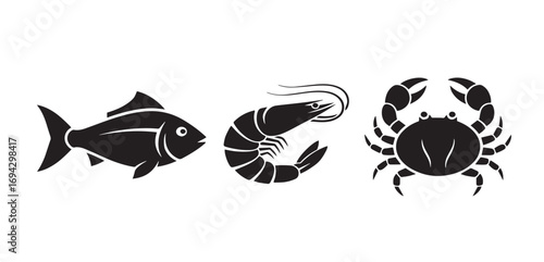 Seafood Silhouette Icons – Vector Art of Fish, Shrimp, and Crab for Menus, Logos, Packaging, and Marine-Themed Culinary Designs