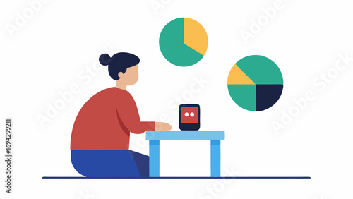 Daily Activity Summary A patient sitting at a table looking at their smarch that shows a summary of daily activities with colorful pie charts representing different types of