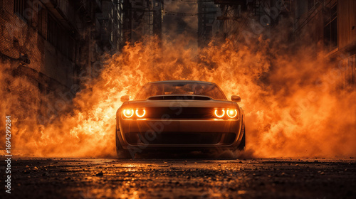 A car engulfed in fiery smoke burns on a city street at night