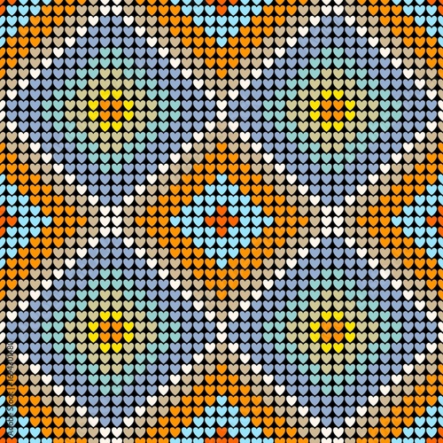 This is a seamless mosaic pattern made of small, repeating hearts. The design features a vibrant and playful color palette of light blue, orange, beige, and yellow hearts, creating an abstract.